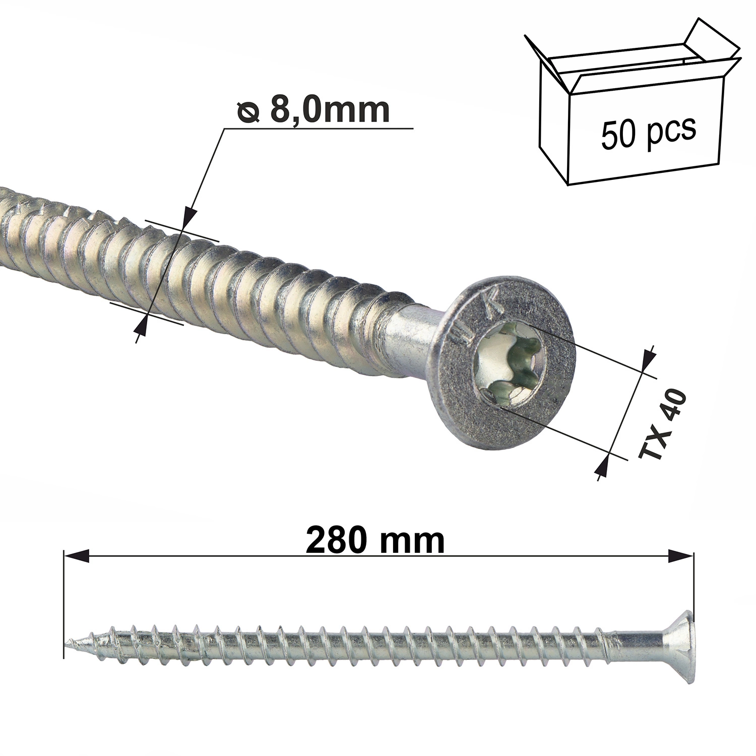 Wkręty Ciesielskie 8x280 Mm 50 Szt. Torx Pełny Gwint Stożkowe Klimas ...